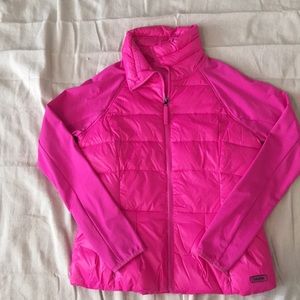 Hot pink puffer jacket.